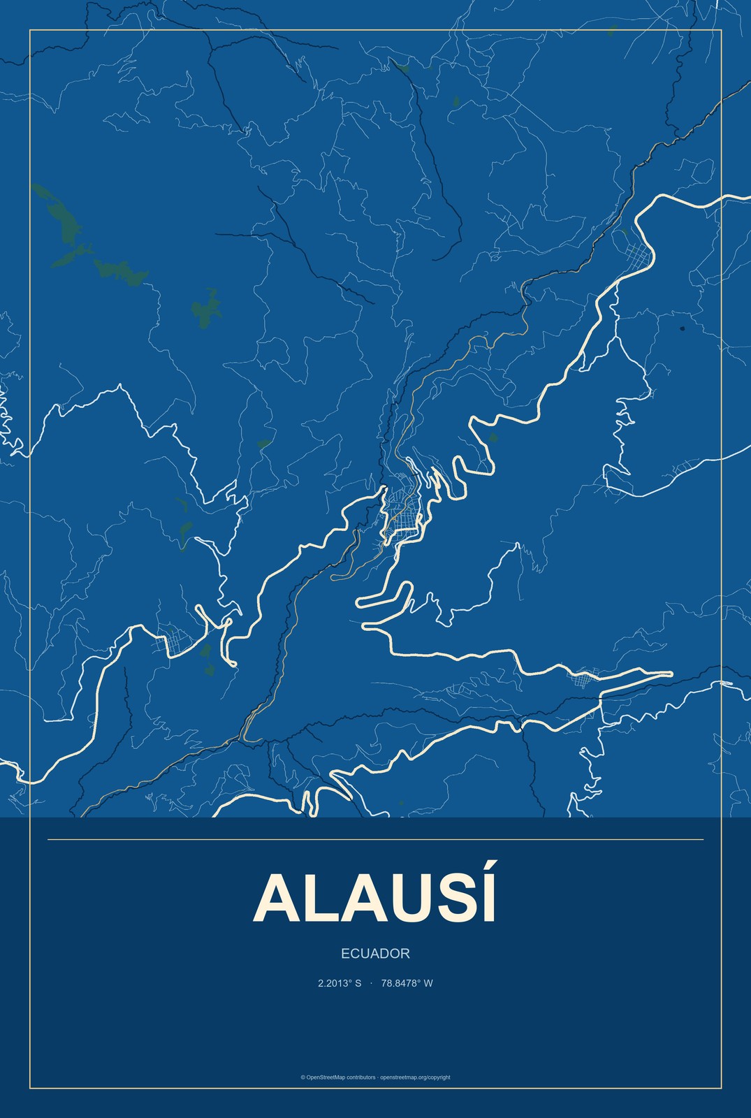 Alausí, Ecuador City Map Aluminum Sign in Harbor Cobalt style