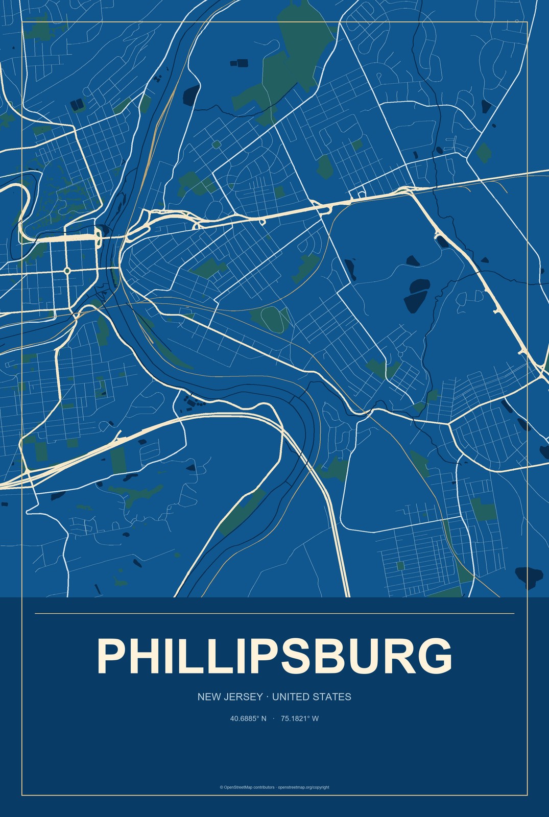 Phillipsburg, New Jersey City Map Aluminum Sign in Harbor Cobalt style