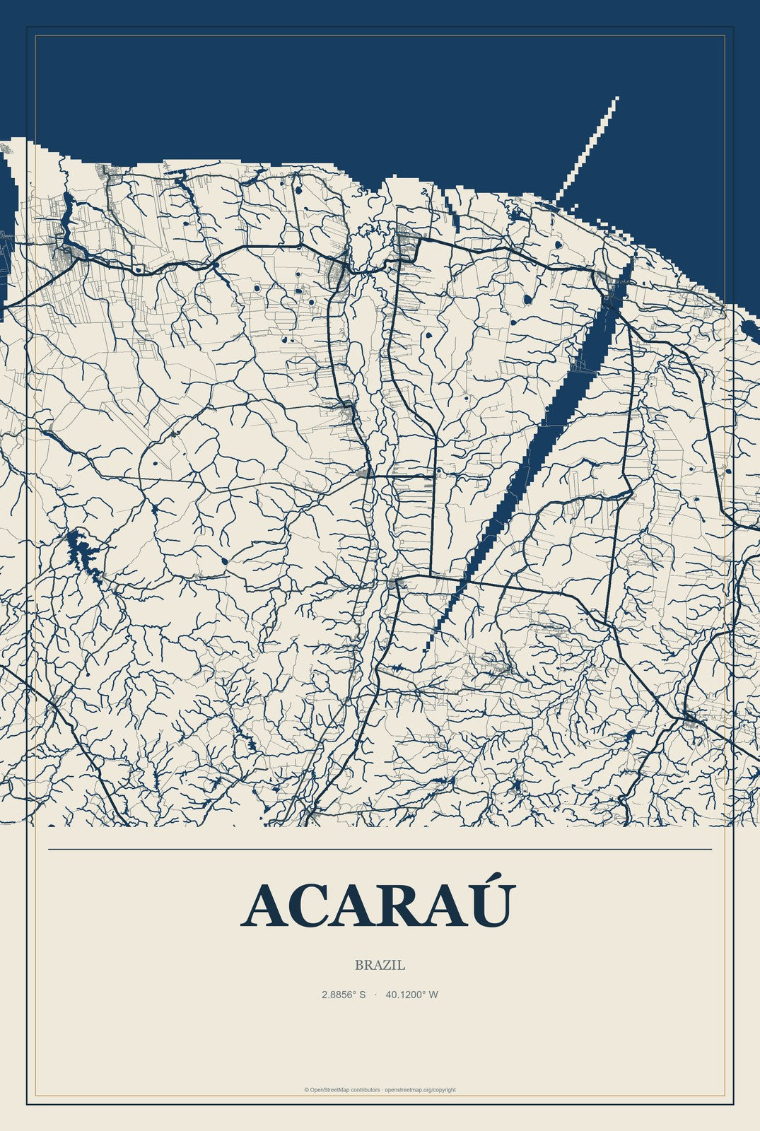 Acaraú, Brazil City Map Aluminum Sign in Coastal Cutout style