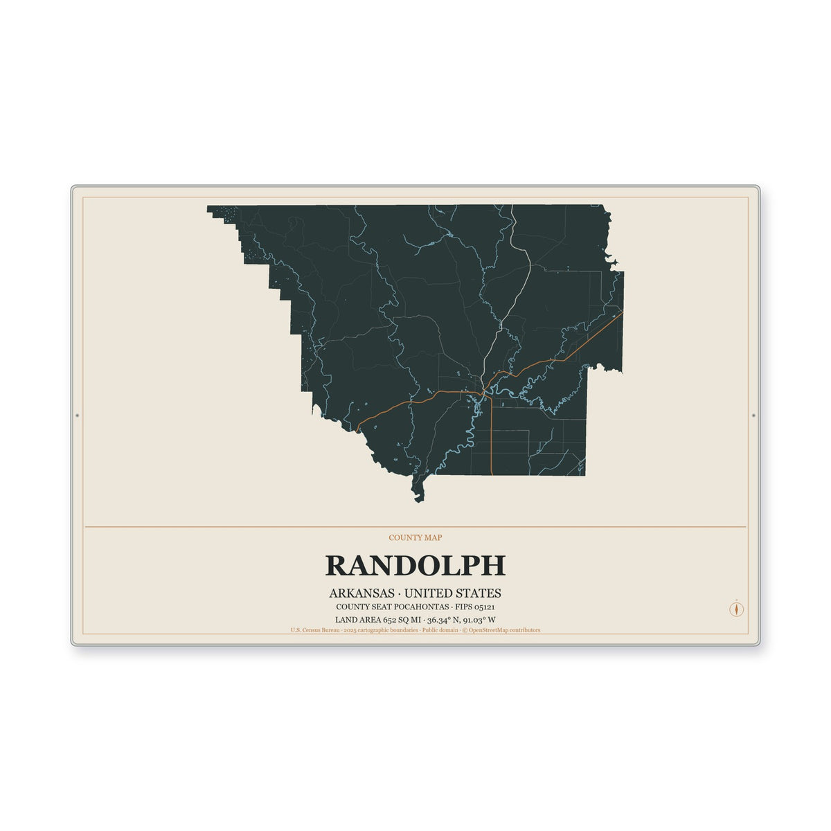 Randolph County, Arkansas Map Aluminum Sign in Headline Atlas style