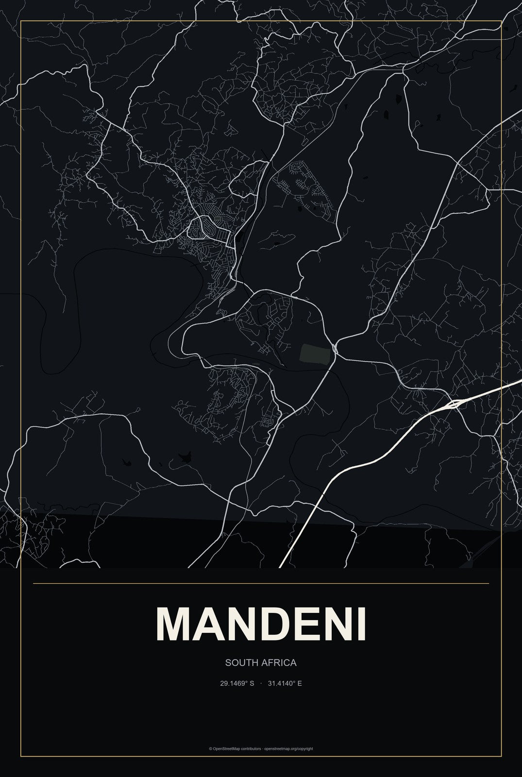 Mandeni, South Africa City Map Aluminum Sign in Metropolitan Noir style