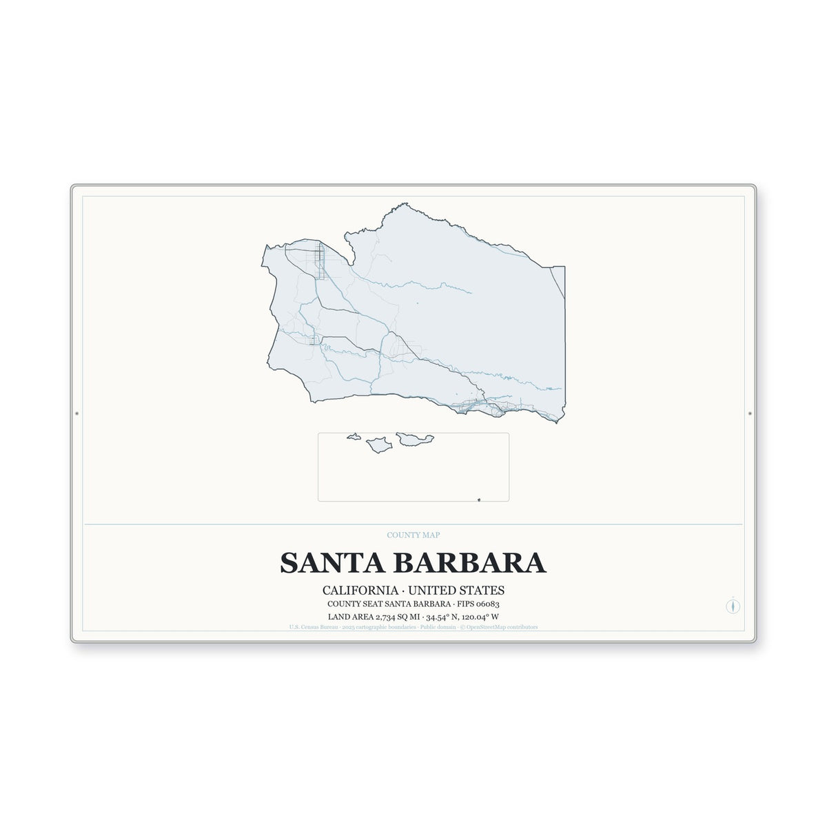 Santa Barbara County, California Map Aluminum Sign in Gallery Air style
