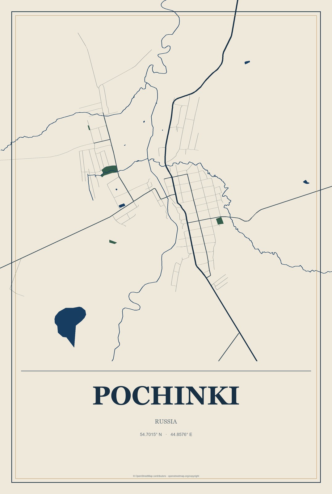 Pochinki, Russia City Map Aluminum Sign in Coastal Cutout style