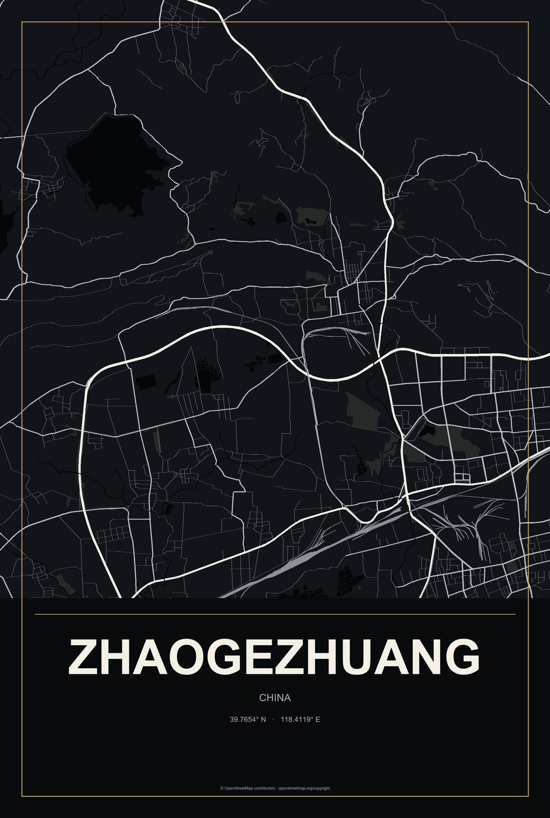 Zhaogezhuang, China City Map Aluminum Sign in Metropolitan Noir style