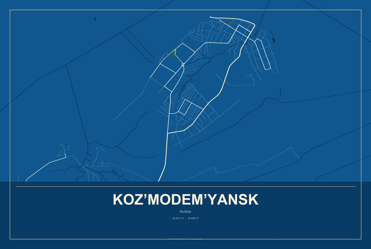 Koz’modem’yansk, Russia City Map Aluminum Sign in Harbor Cobalt style