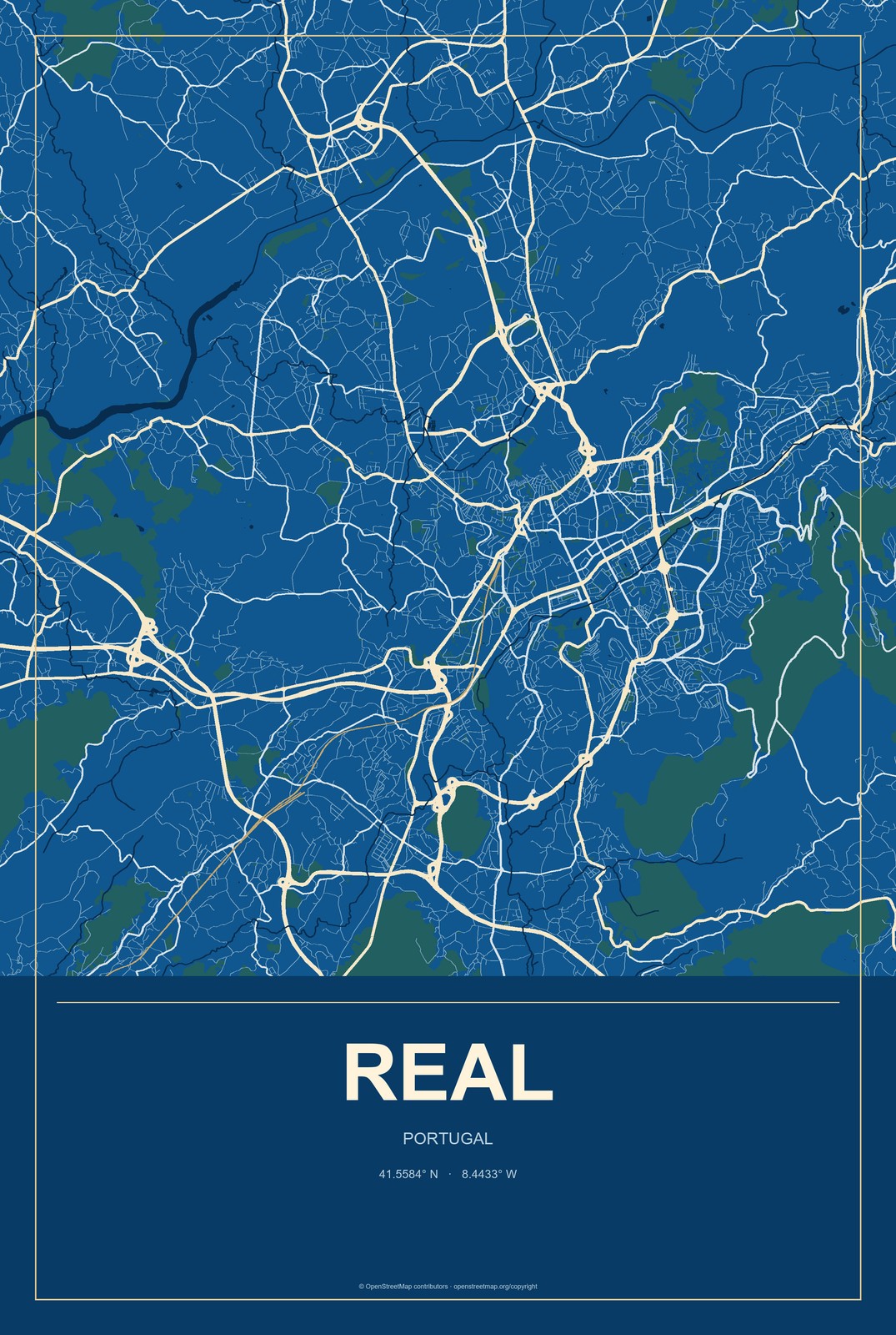 Real, Portugal City Map Aluminum Sign in Harbor Cobalt style