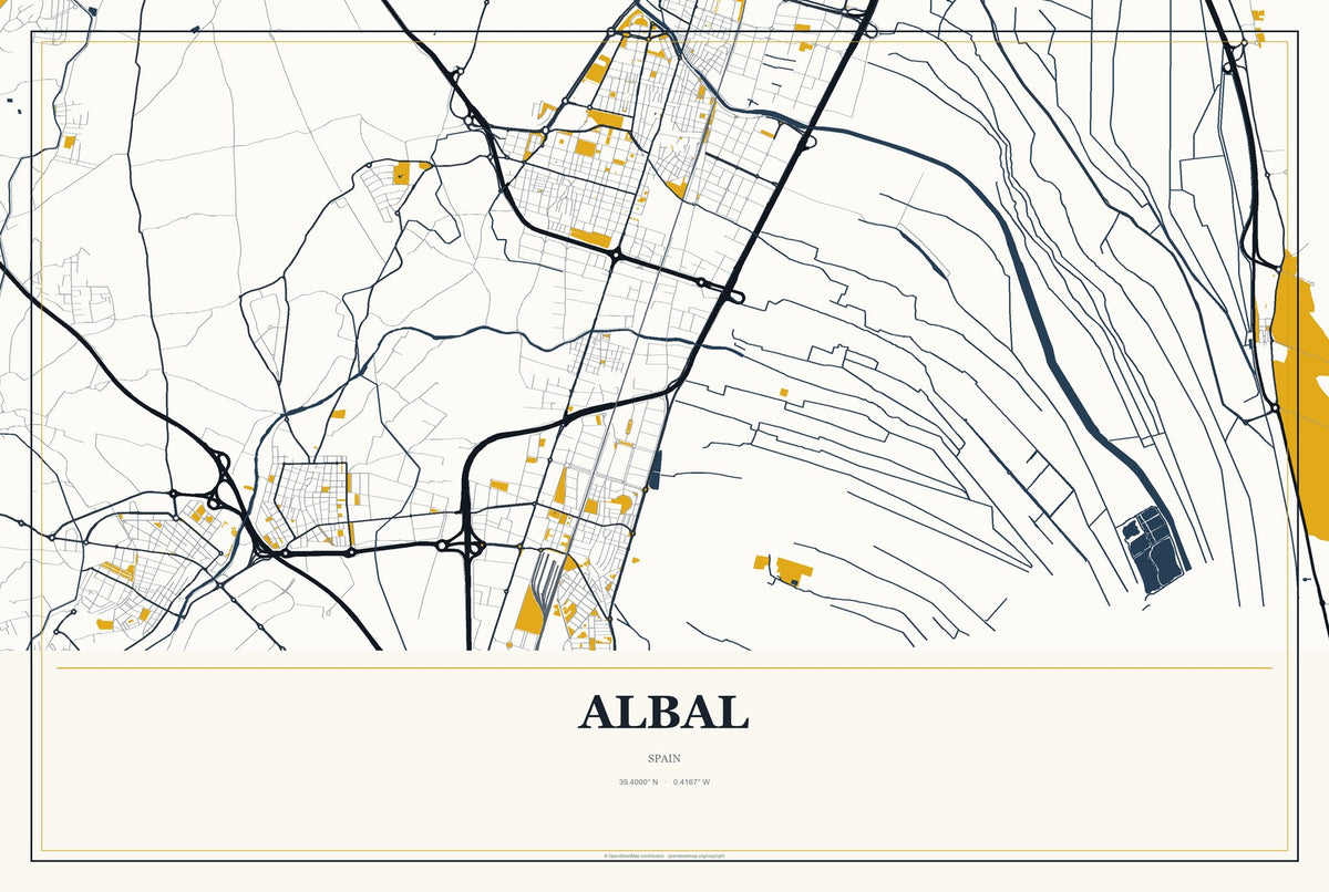 Albal, Spain City Map Aluminum Sign in Citrine Modern style