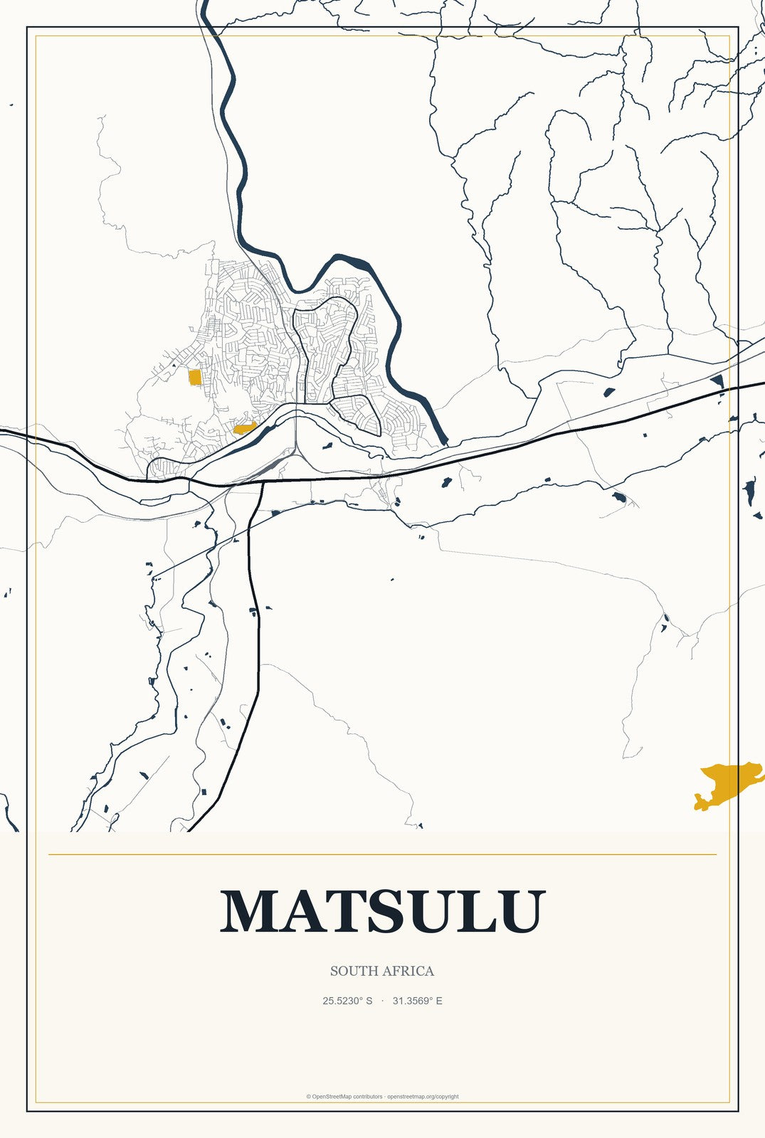 Matsulu, South Africa City Map Aluminum Sign in Citrine Modern style