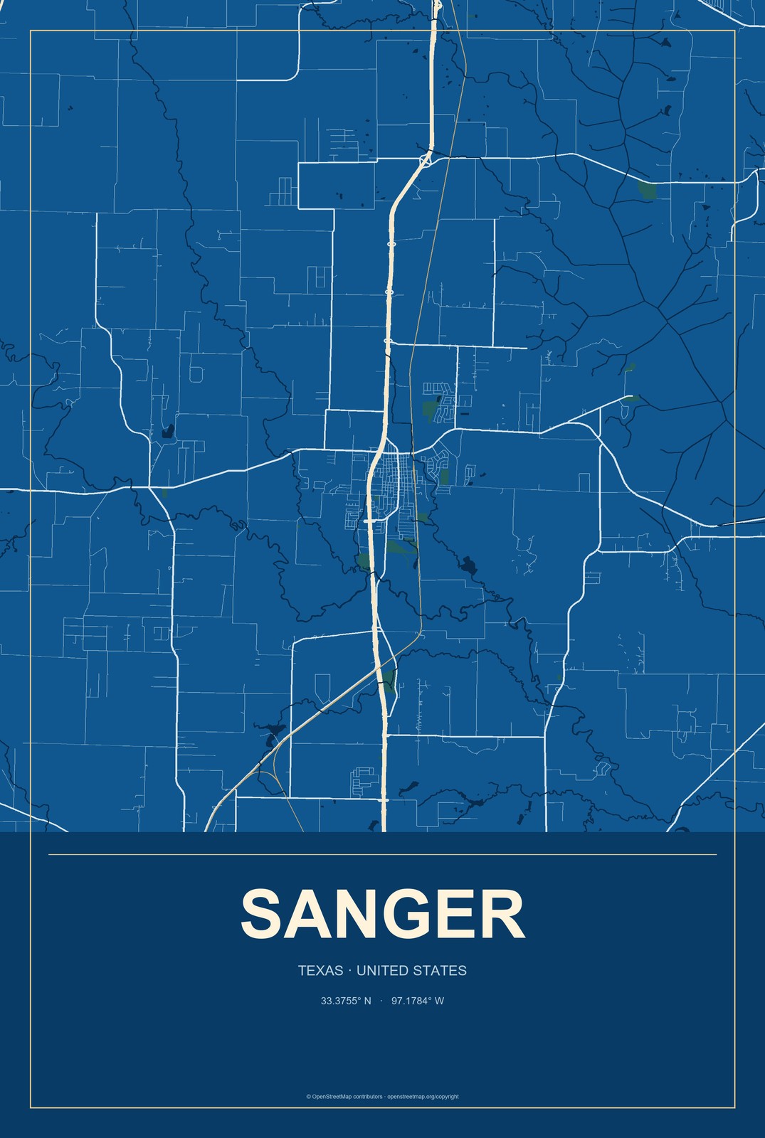 Sanger, Texas City Map Aluminum Sign in Harbor Cobalt style