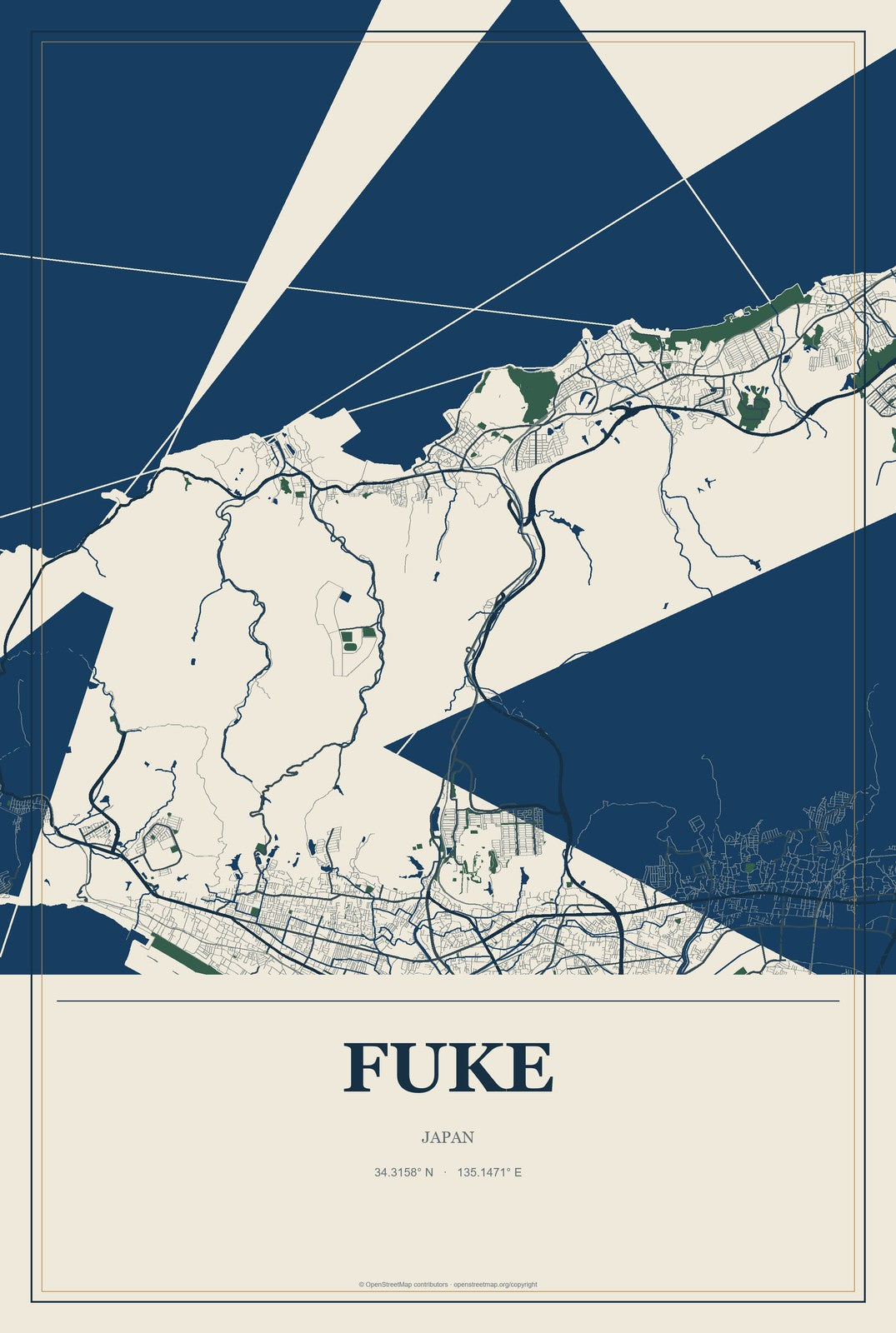 Fuke, Japan City Map Aluminum Sign in Coastal Cutout style