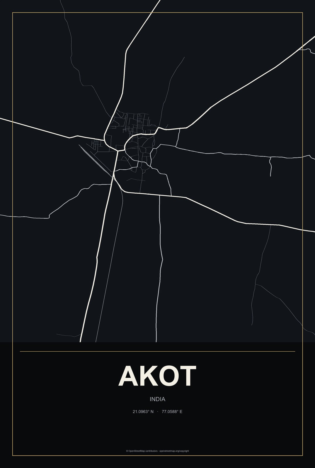 Akot, India City Map Aluminum Sign in Metropolitan Noir style