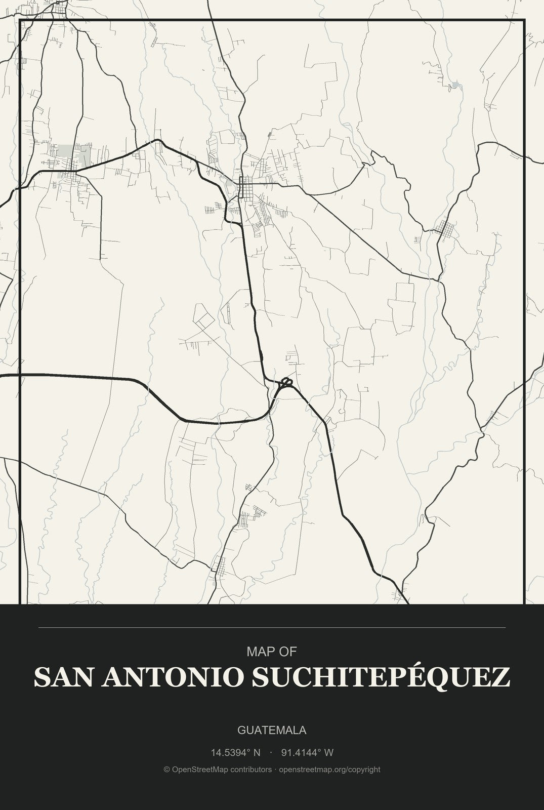 San Antonio Suchitepéquez, Guatemala City Map Aluminum Sign in Museum Plaque style