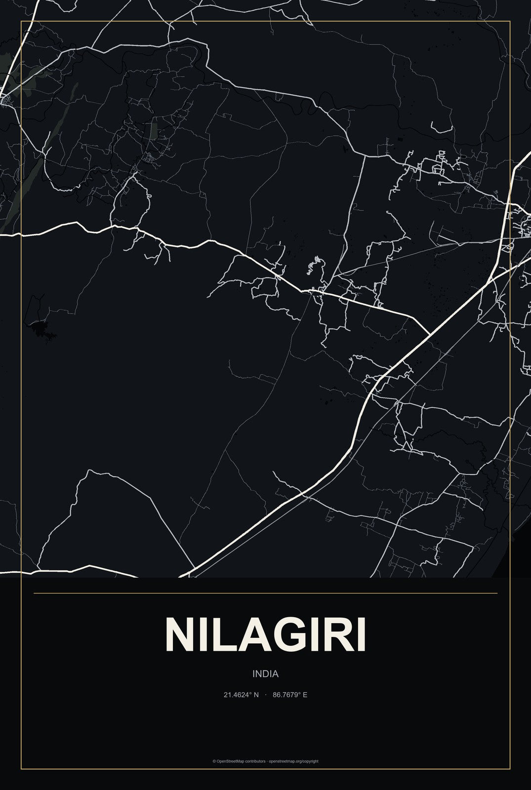 Nilagiri, India City Map Aluminum Sign in Metropolitan Noir style