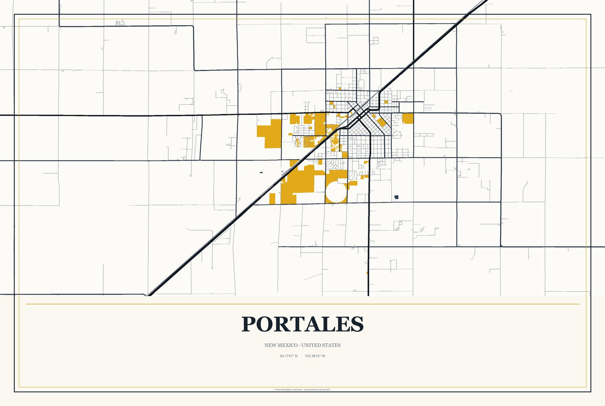 Portales, New Mexico City Map Aluminum Sign in Citrine Modern style