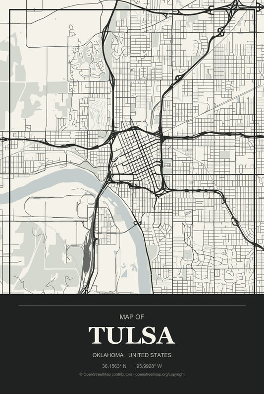 Tulsa, Oklahoma City Map Aluminum Sign in Museum Plaque style