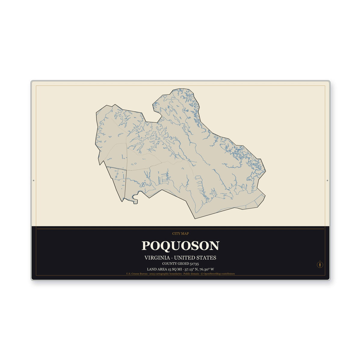 Poquoson city, Virginia Map Aluminum Sign in Museum Plaque style