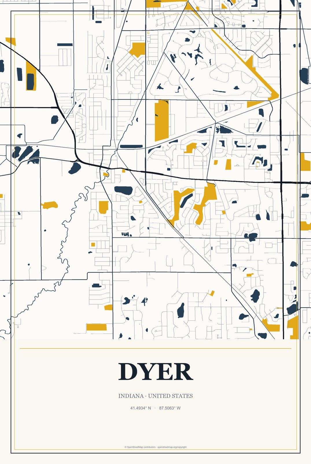 Dyer, Indiana City Map Aluminum Sign in Citrine Modern style