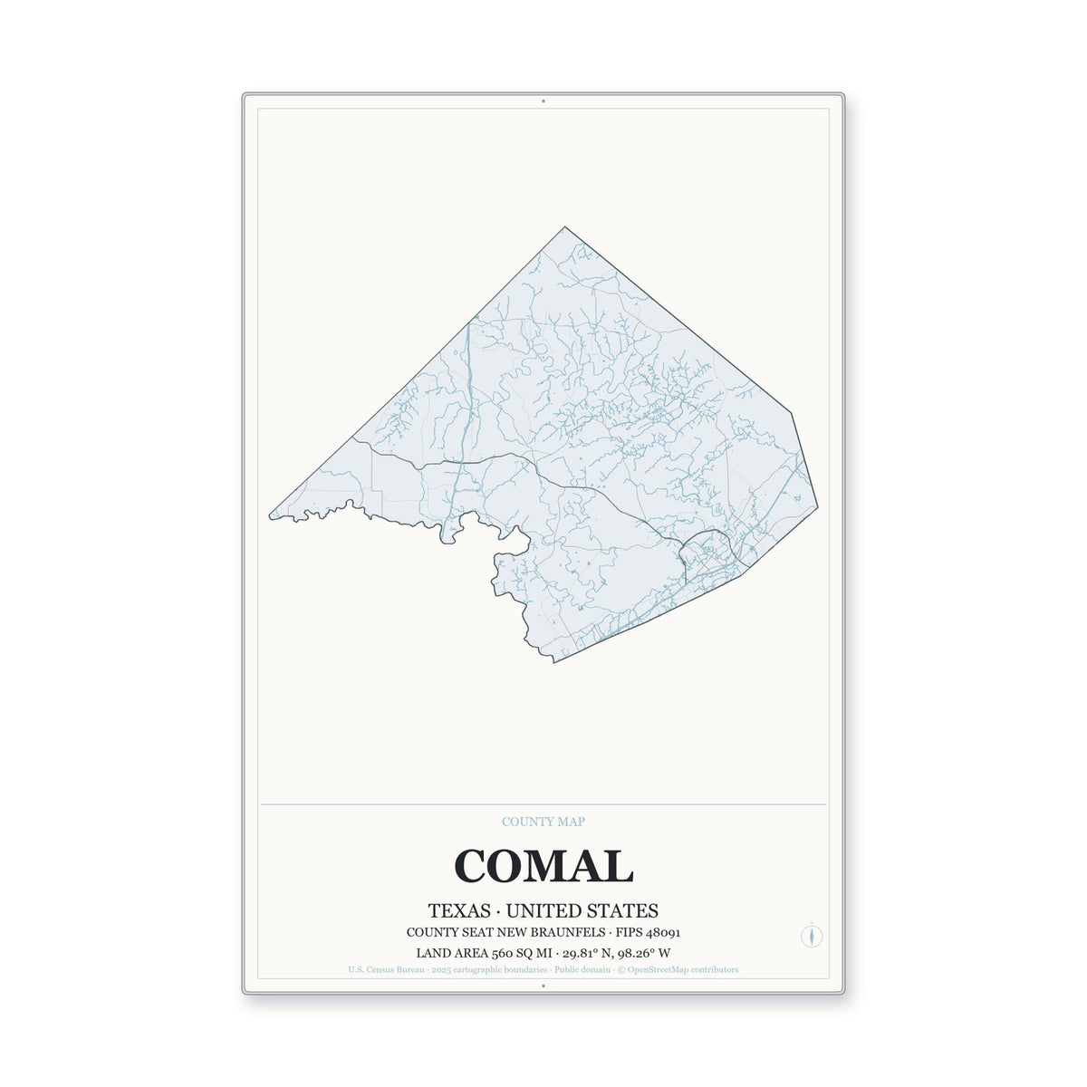 Comal County, Texas Map Aluminum Sign in Gallery Air style