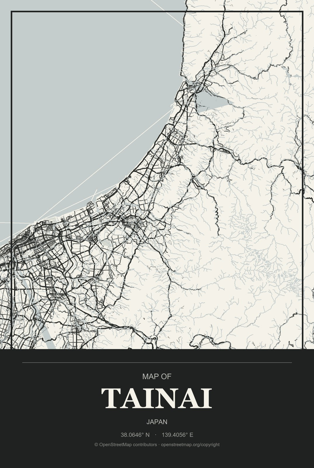 Tainai, Japan City Map Aluminum Sign in Museum Plaque style