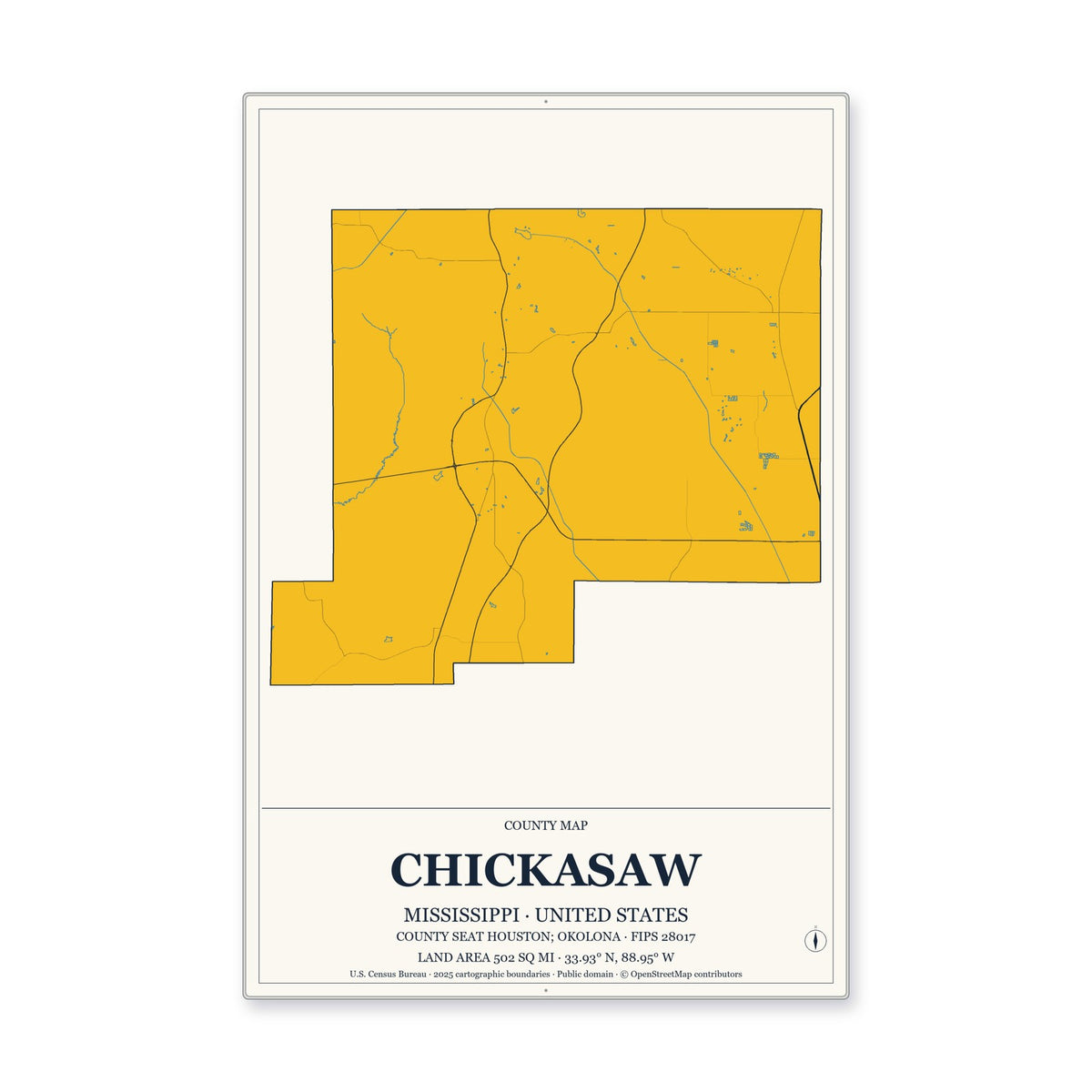 Chickasaw County, Mississippi Map Aluminum Sign in Citrine Modern style