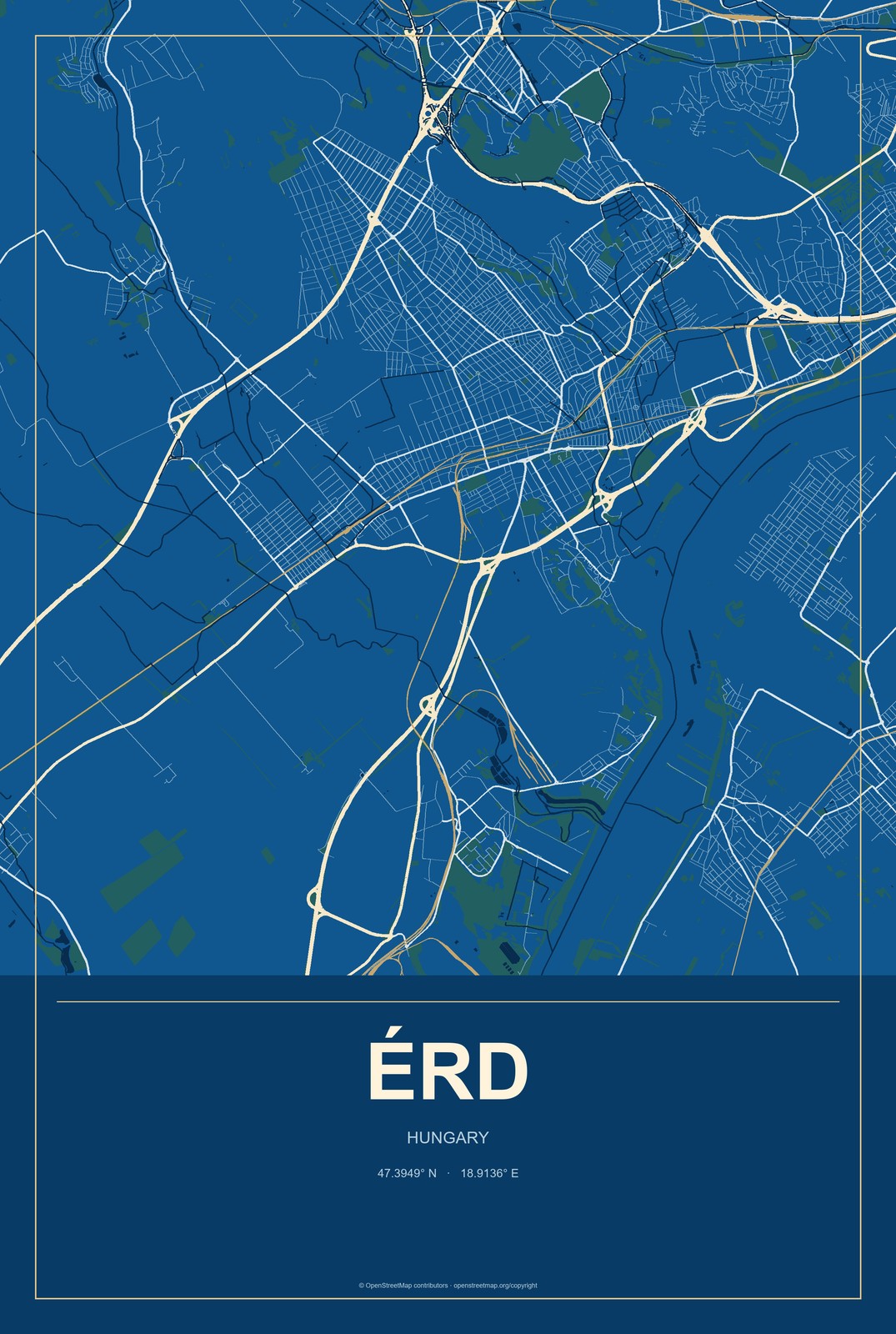 Érd, Hungary City Map Aluminum Sign in Harbor Cobalt style