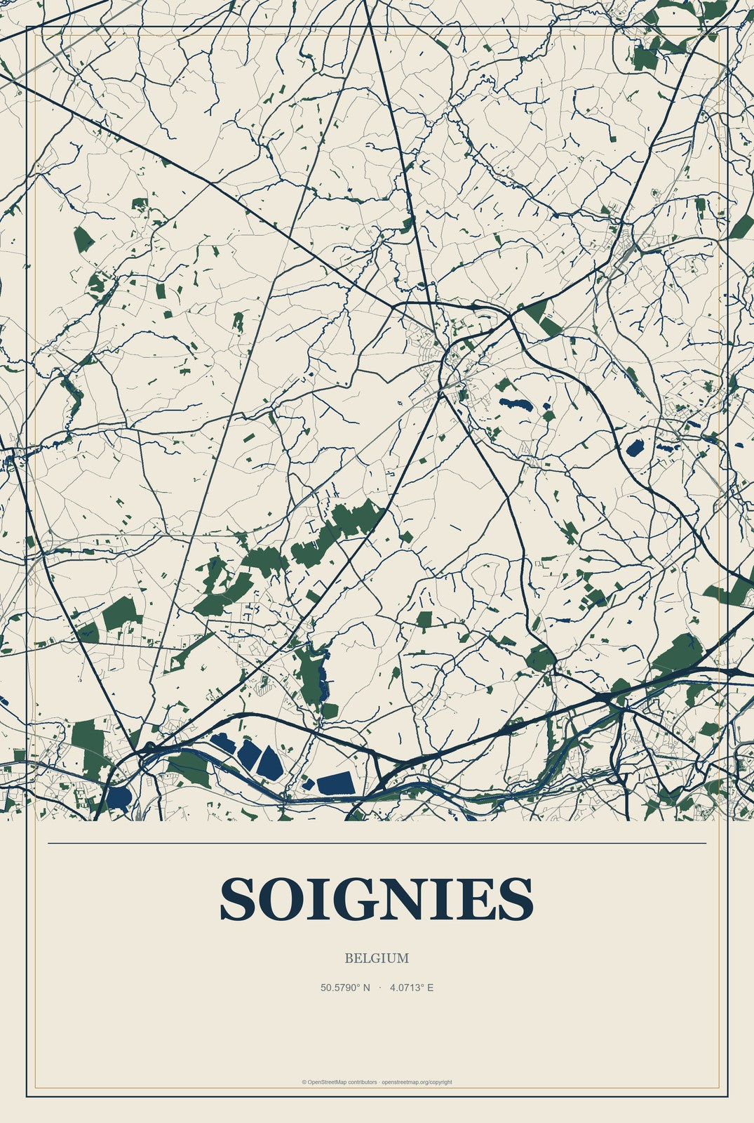 Soignies, Belgium City Map Aluminum Sign in Coastal Cutout style