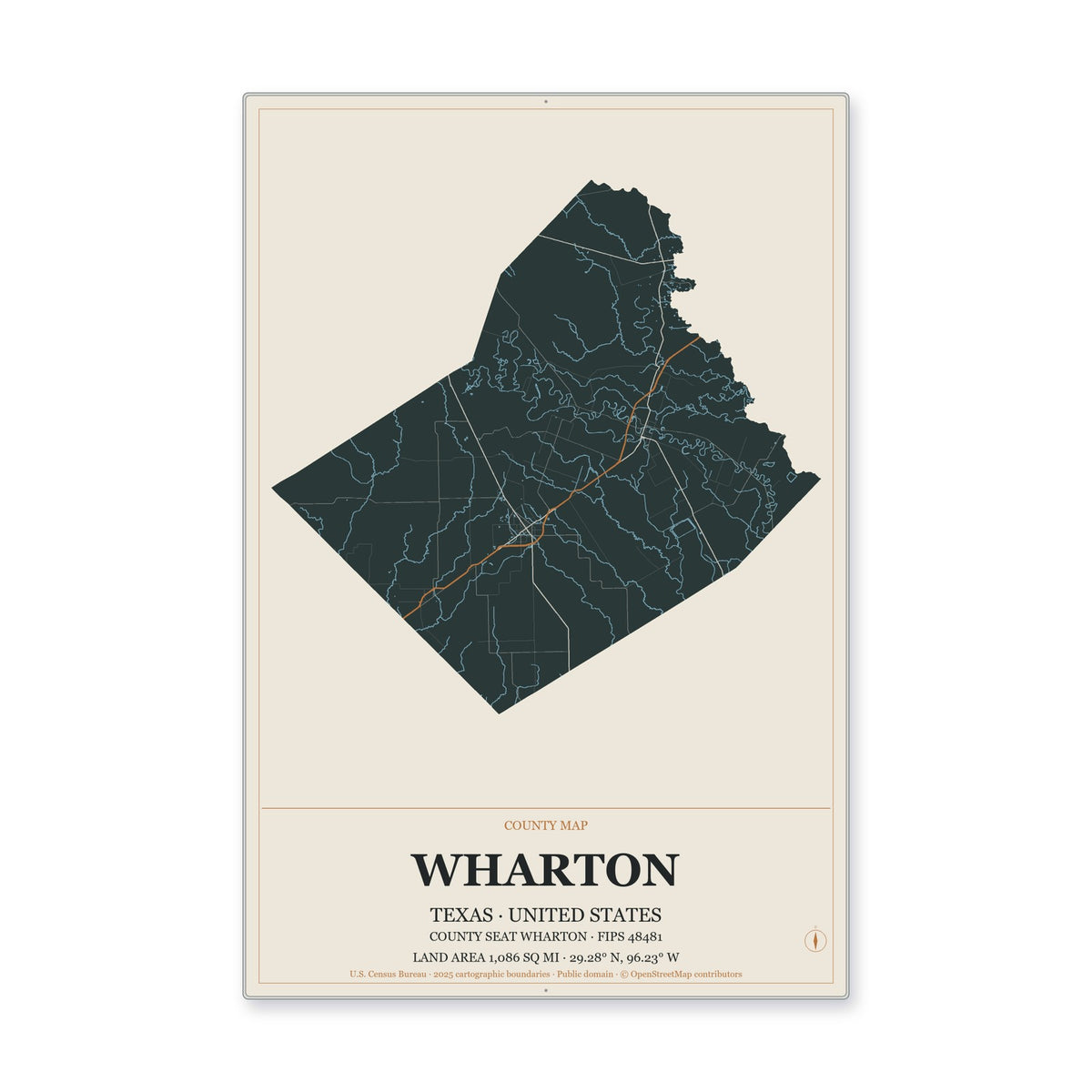 Wharton County, Texas Map Aluminum Sign in Headline Atlas style
