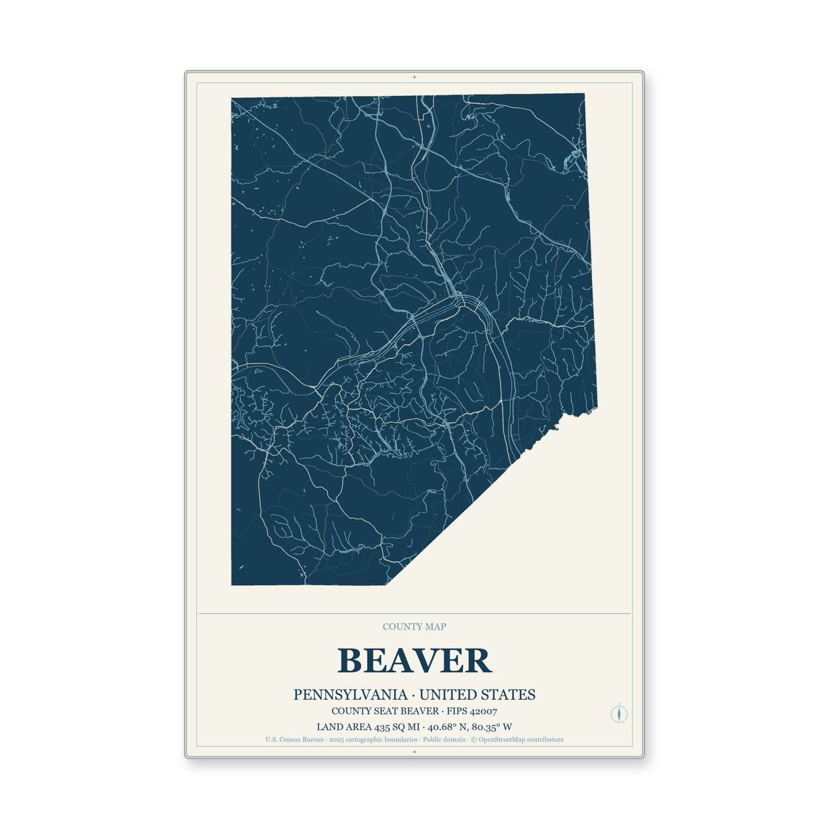 Beaver County, Pennsylvania Map Aluminum Sign in Coastal Cutout style