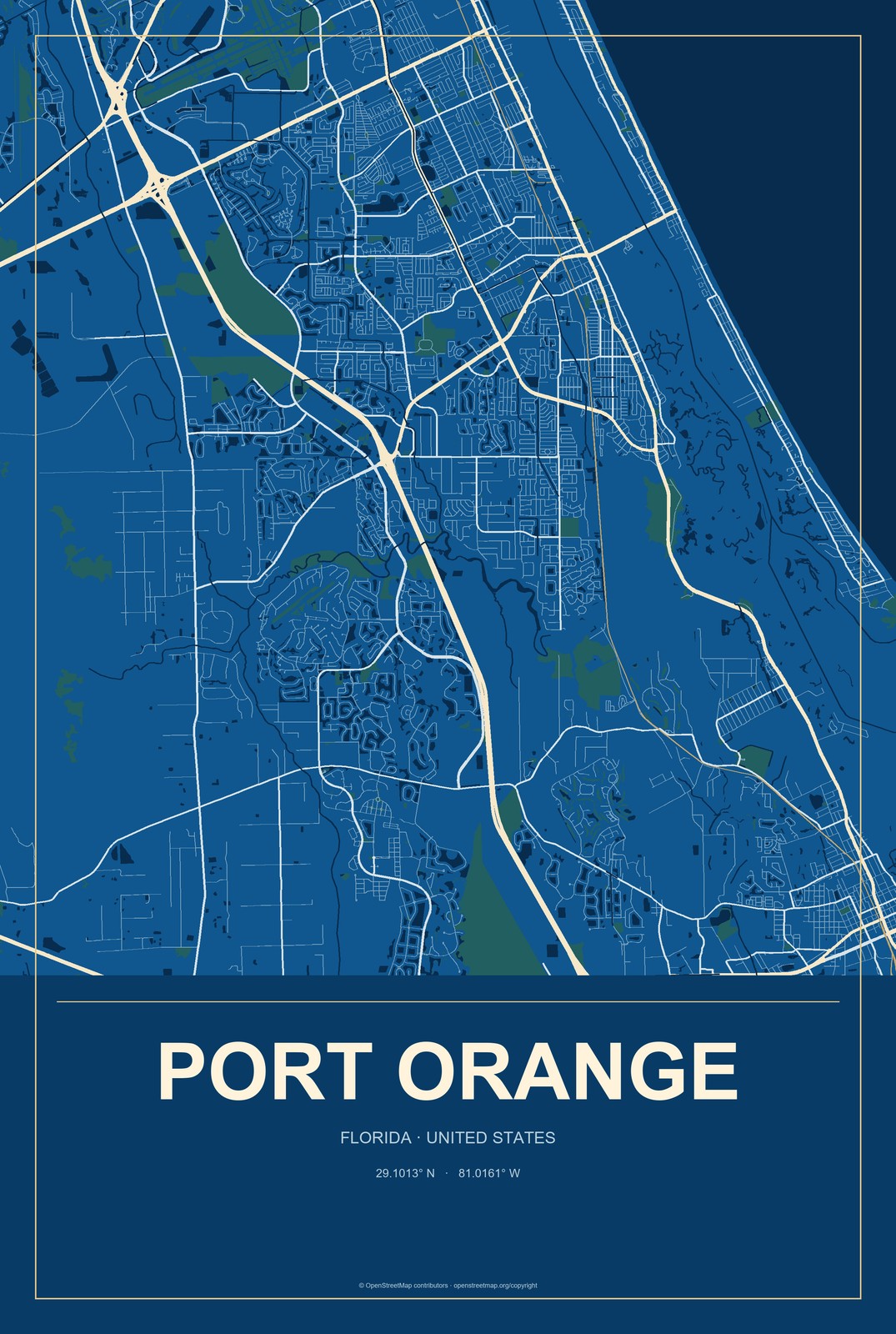 Port Orange, Florida City Map Aluminum Sign in Harbor Cobalt style
