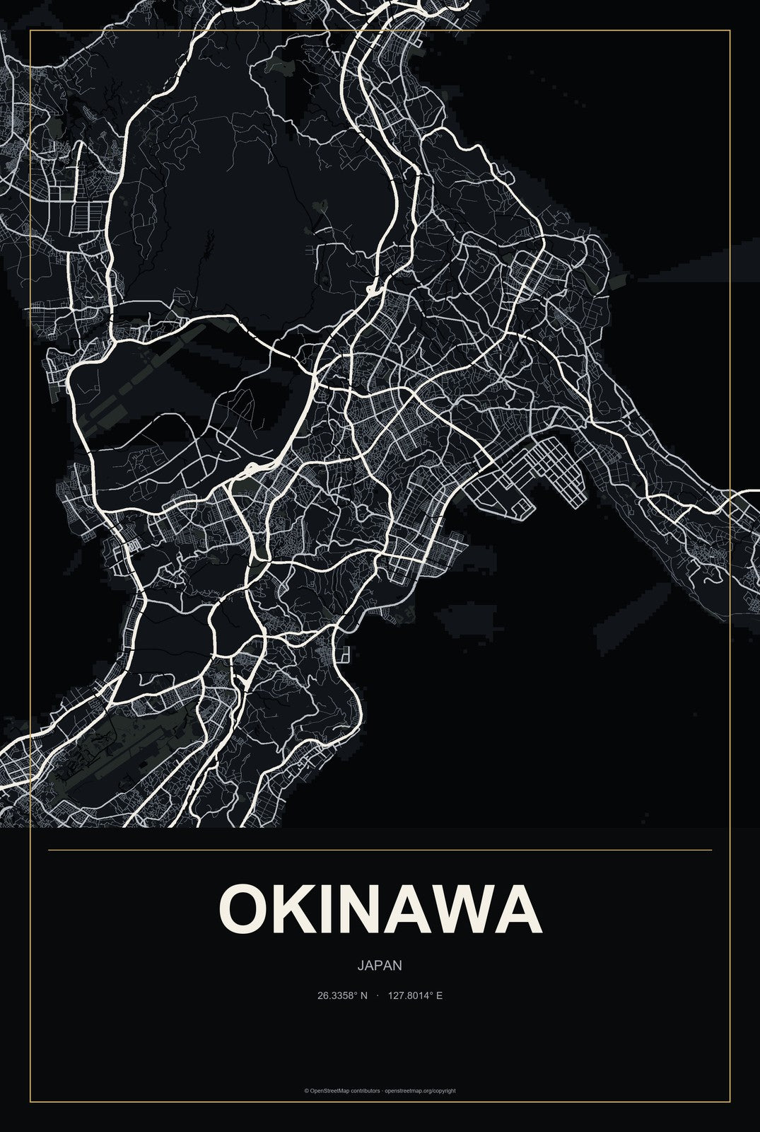 Okinawa, Japan City Map Aluminum Sign in Metropolitan Noir style