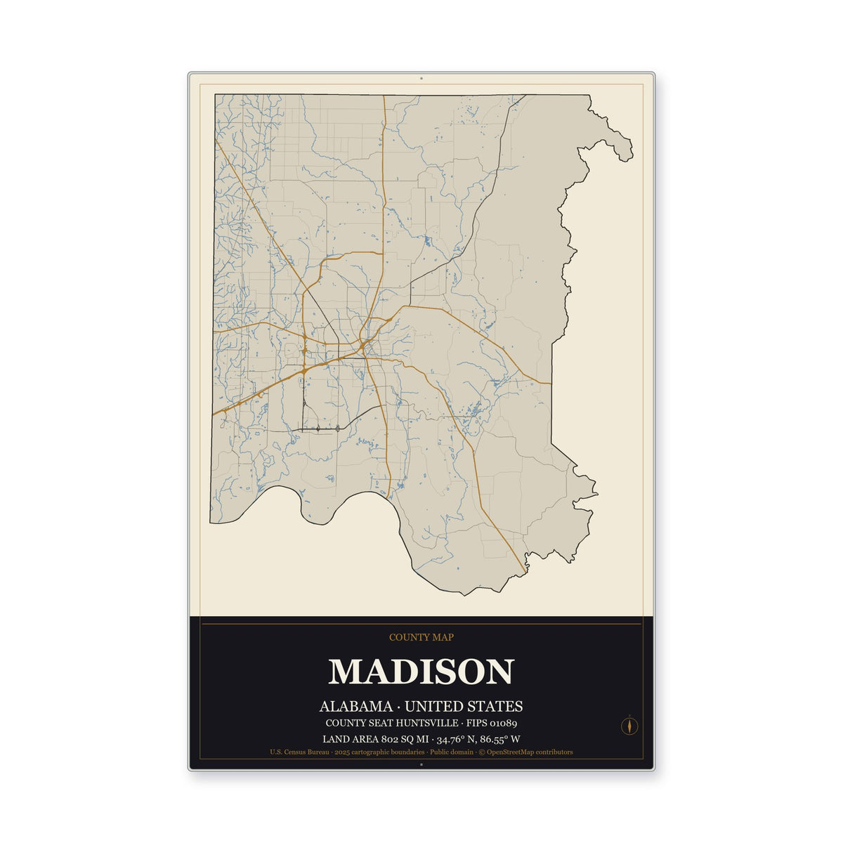 Madison County, Alabama Map Aluminum Sign in Museum Plaque style