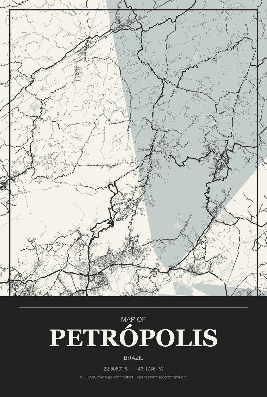 Petrópolis, Brazil City Map Aluminum Sign in Museum Plaque style