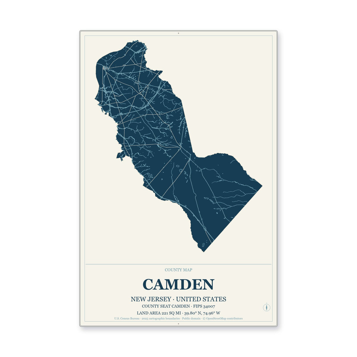 Camden County, New Jersey Map Aluminum Sign in Coastal Cutout style