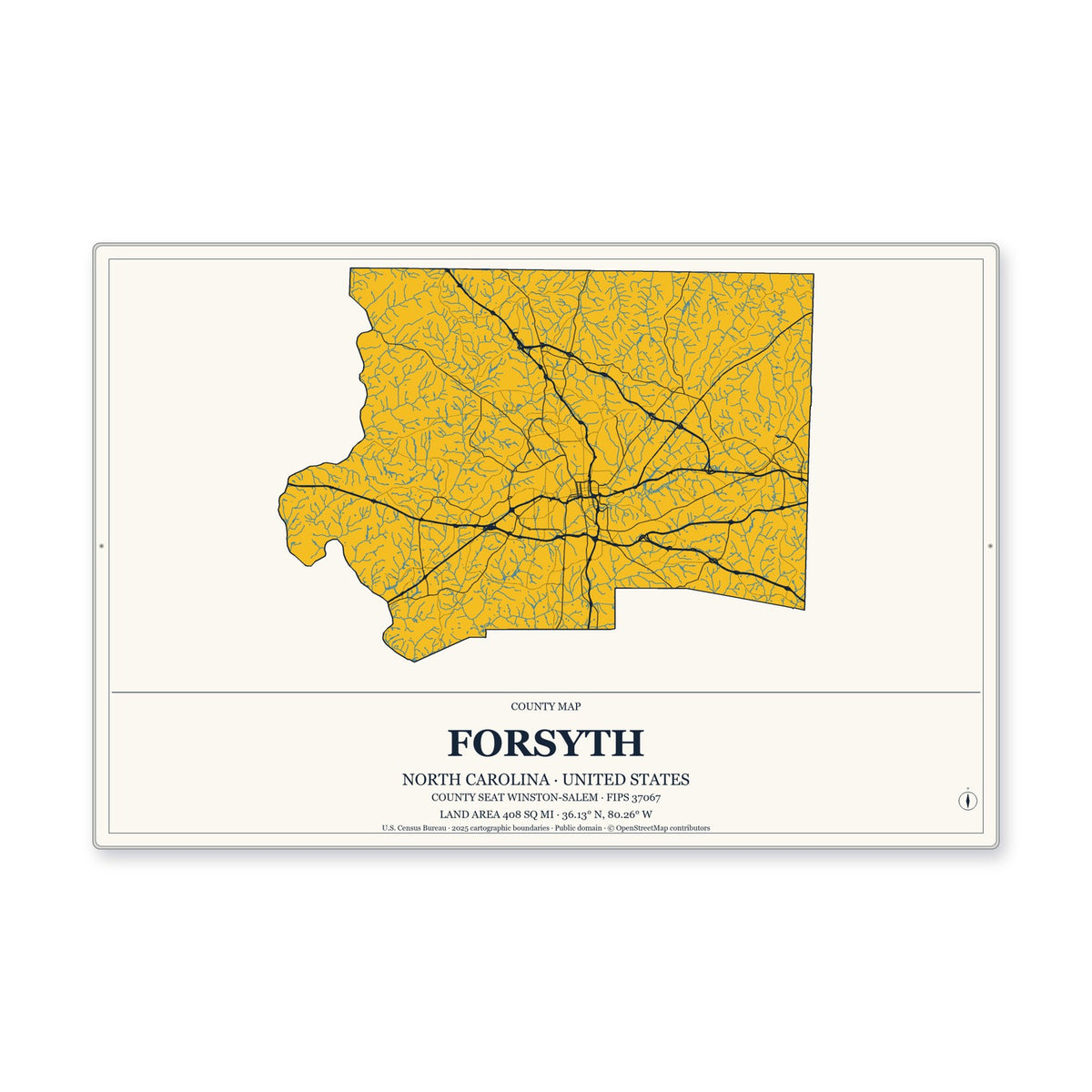 Forsyth County, North Carolina Map Aluminum Sign in Citrine Modern style