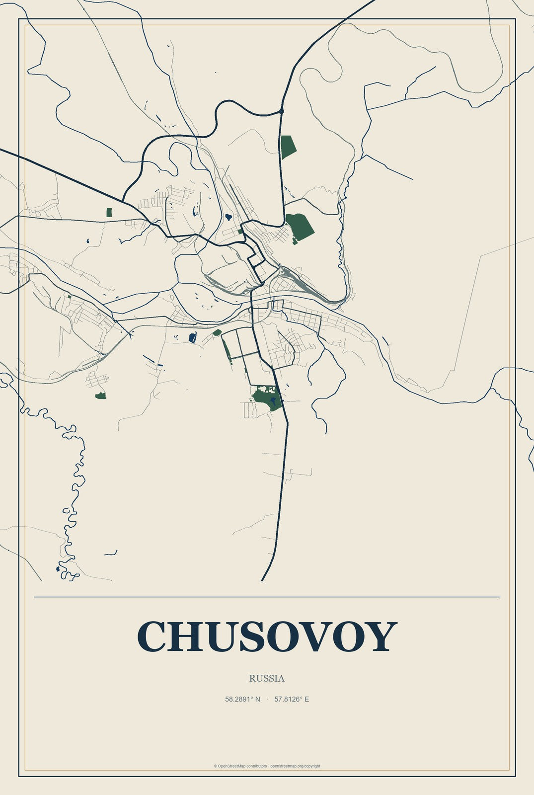 Chusovoy, Russia City Map Aluminum Sign in Coastal Cutout style