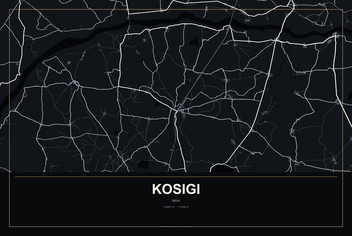 Kosigi, India City Map Aluminum Sign in Metropolitan Noir style
