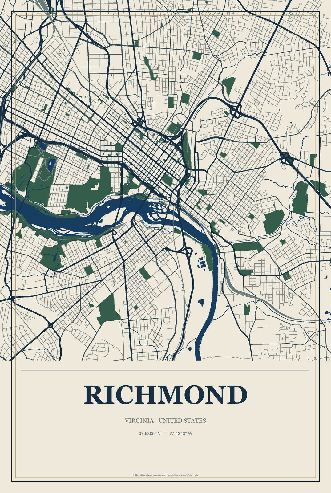 Richmond, Virginia City Map Aluminum Sign in Coastal Cutout style