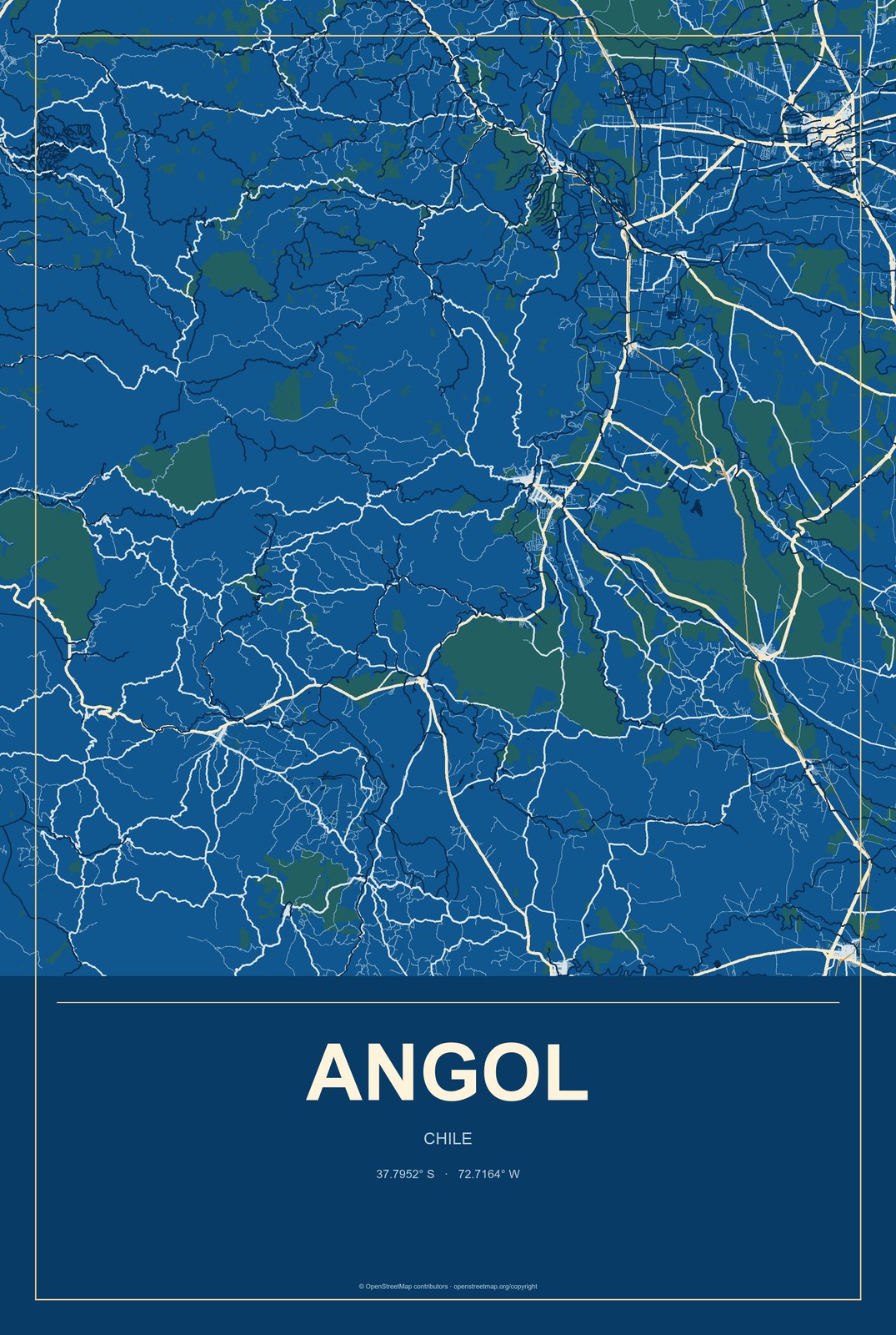 Angol, Chile City Map Aluminum Sign in Harbor Cobalt style