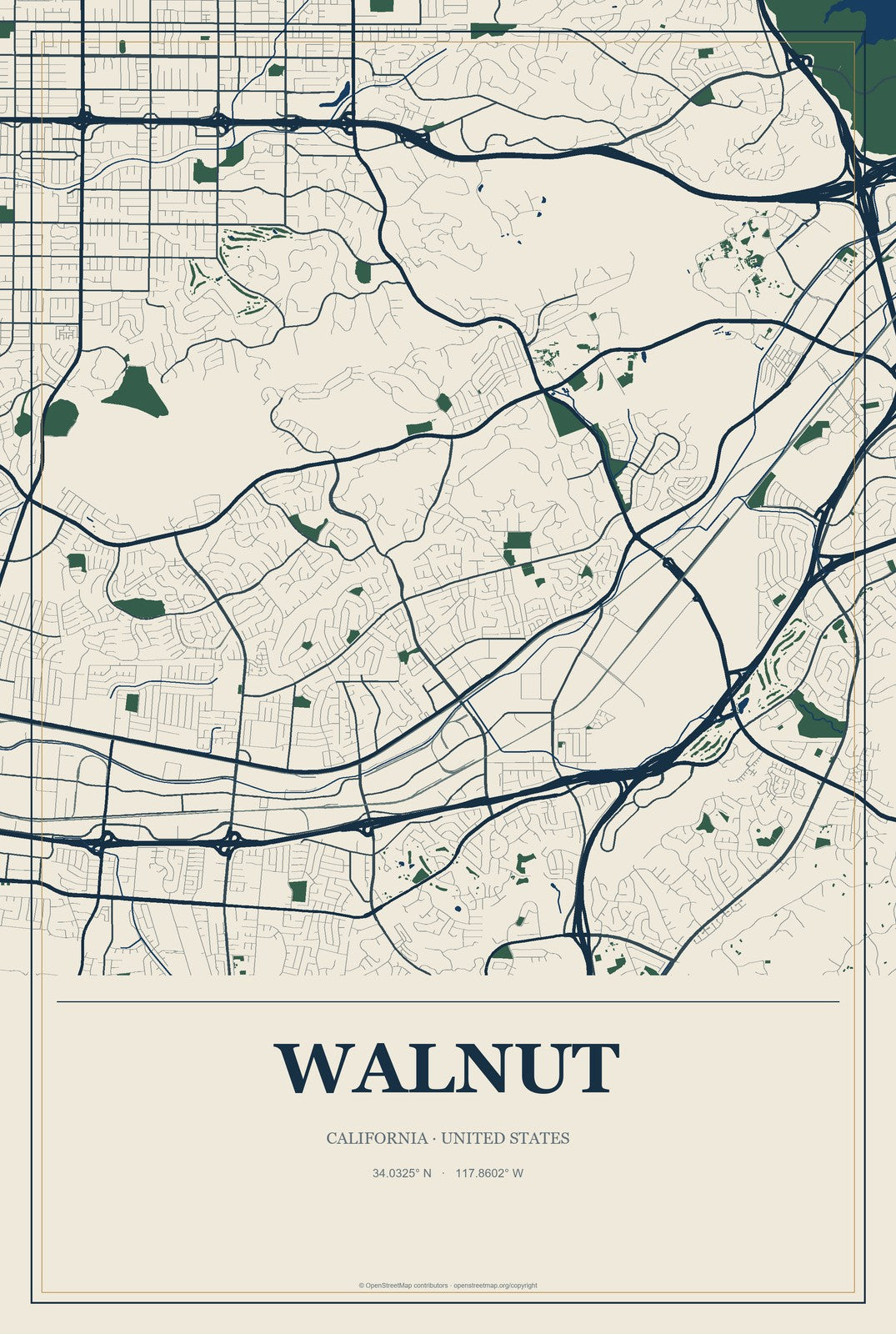 Walnut, California City Map Aluminum Sign in Coastal Cutout style