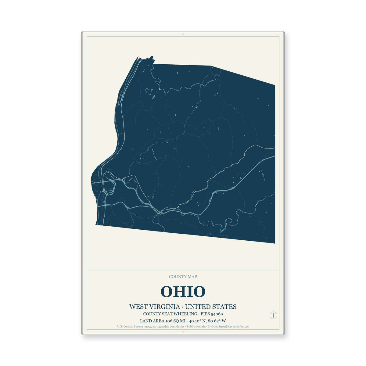 Ohio County, West Virginia Map Aluminum Sign in Coastal Cutout style