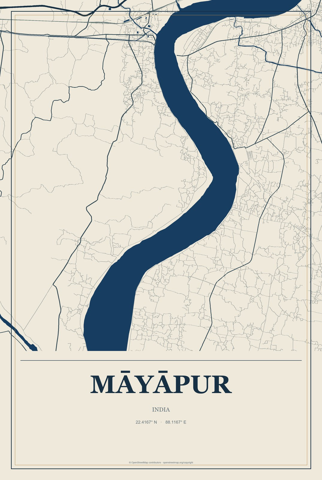 Māyāpur, India City Map Aluminum Sign in Coastal Cutout style