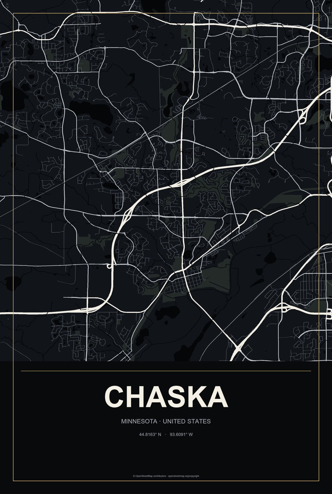Chaska, Minnesota City Map Aluminum Sign in Metropolitan Noir style
