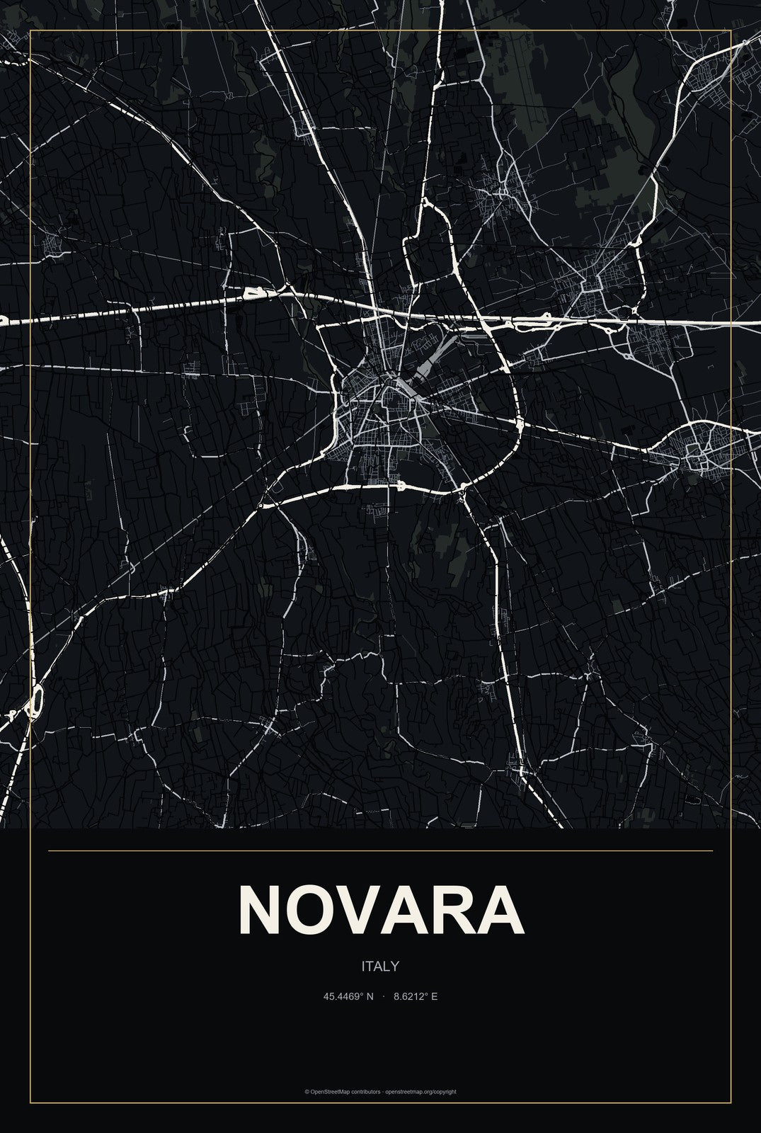Novara, Italy City Map Aluminum Sign in Metropolitan Noir style