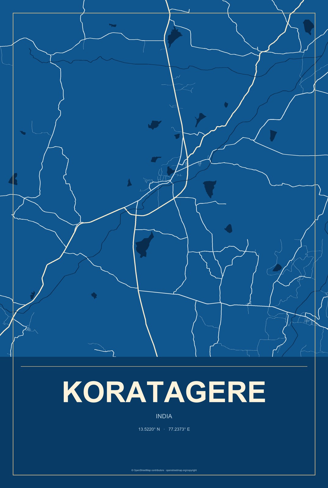 Koratagere, India City Map Aluminum Sign in Harbor Cobalt style