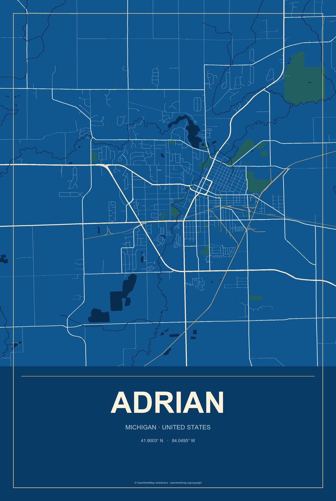 Adrian, Michigan City Map Aluminum Sign in Harbor Cobalt style