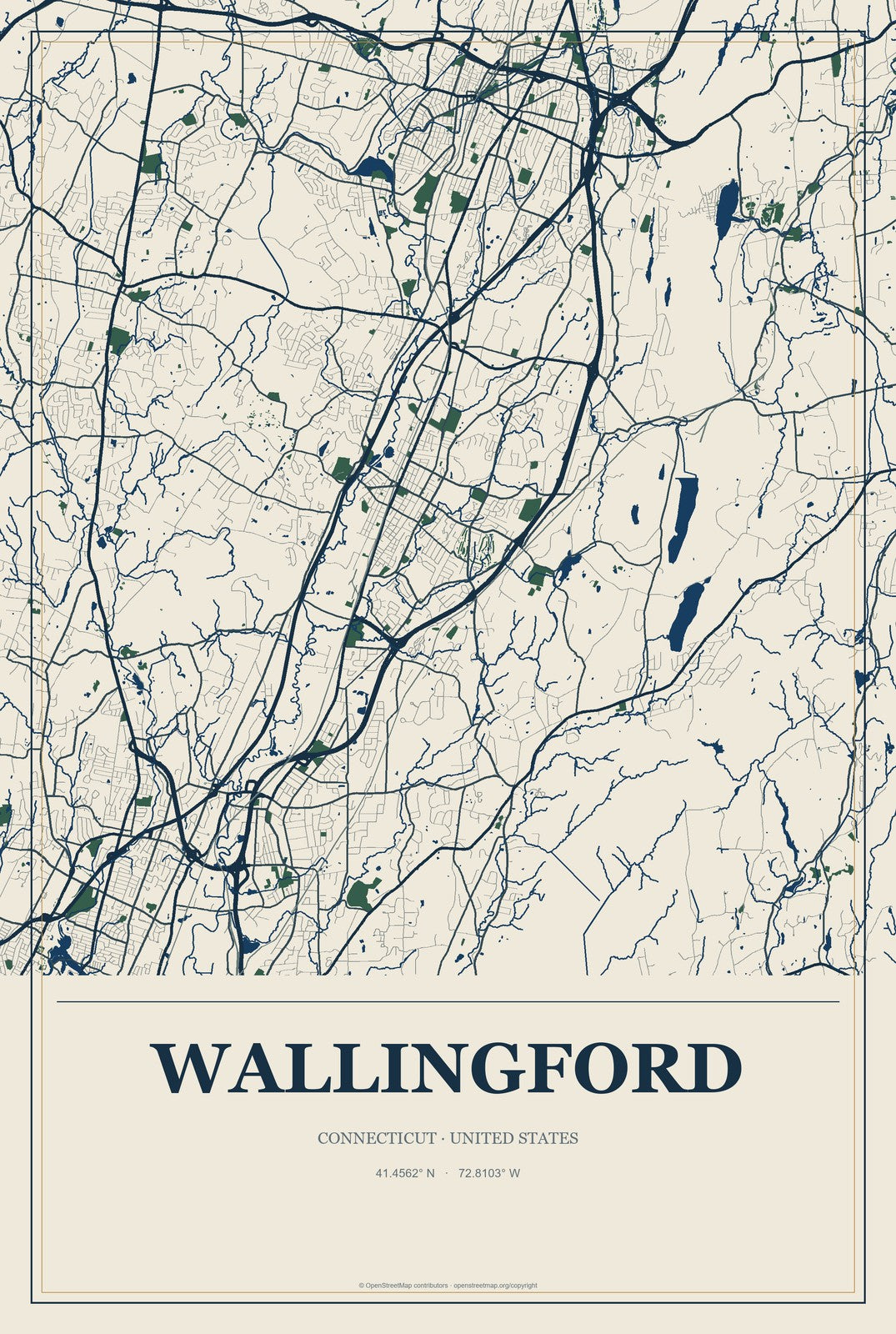 Wallingford, Connecticut City Map Aluminum Sign in Coastal Cutout style