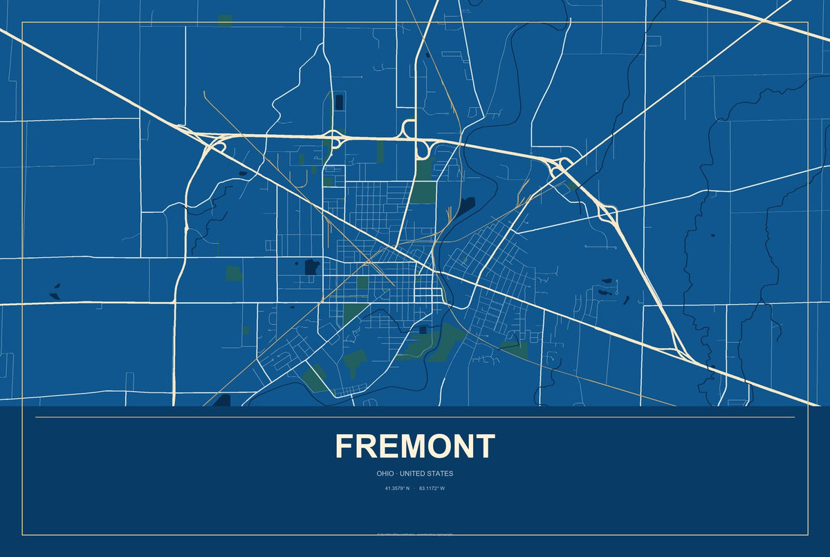 Fremont, Ohio City Map Aluminum Sign in Harbor Cobalt style