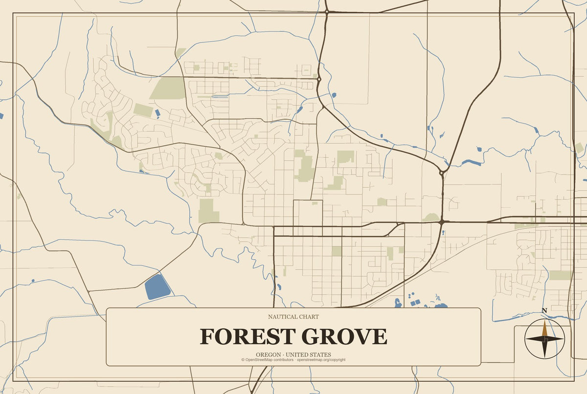 Forest Grove, Oregon City Map Aluminum Sign in Heritage Nautical style