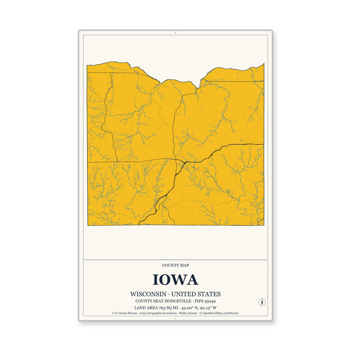Iowa County, Wisconsin Map Aluminum Sign in Citrine Modern style