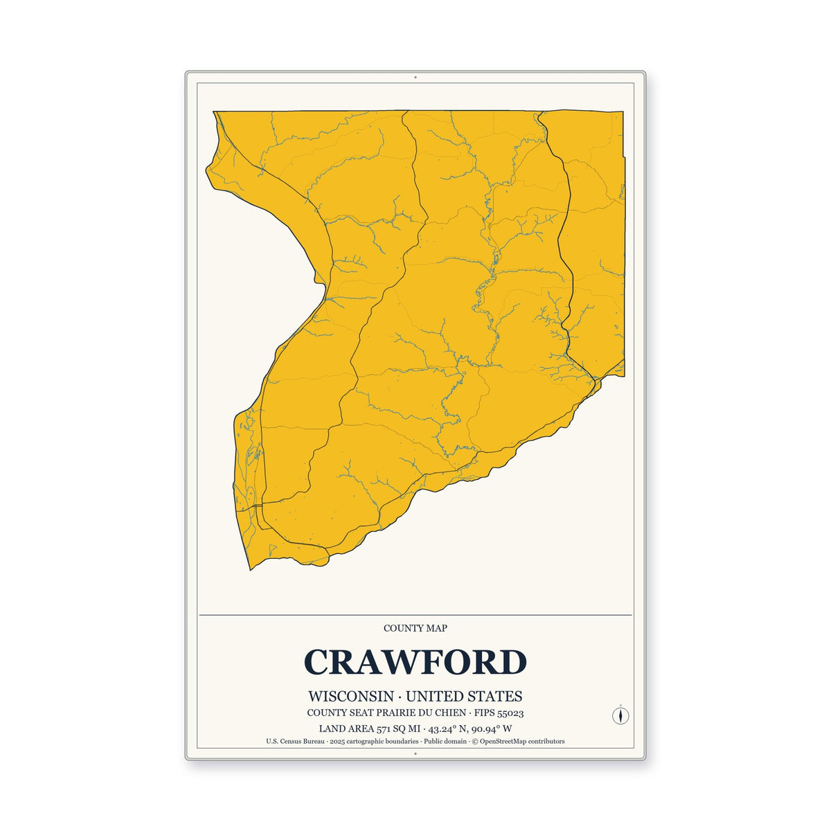 Crawford County, Wisconsin Map Aluminum Sign in Citrine Modern style